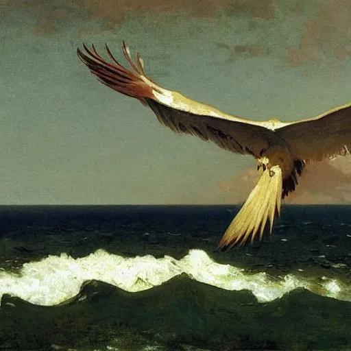 Image similar to huge bird with its feet standing in the ocean, painting by albert bierstadt and winslow homer, highly detailed