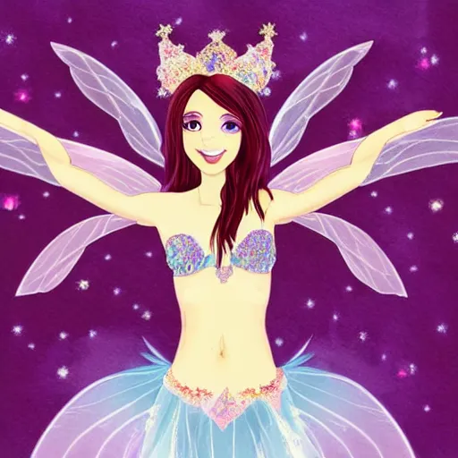 Prompt: very very very beautiful fairy princess with fairy wings, bare midriff, one foot raised off the ground, full body portrait, eye contact, smiling, flirty, perfect face, perfect body, drawn by keith garvey