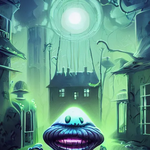 Image similar to a being of green ghostly viscous slime ooze making its way through abandoned midnight suburban streets, inevitable doom, concept art, goosebumbs novel cover, wisp lights, rhads,