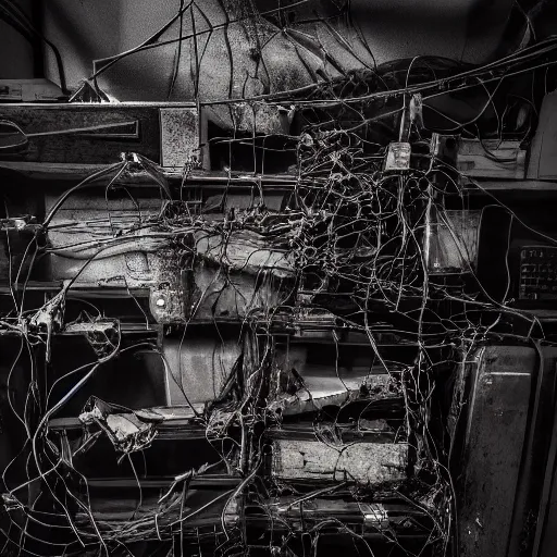 Image similar to a dark occult ritual of wires skin and decay, moody, hyper realism, 8 k photo, atmospheric