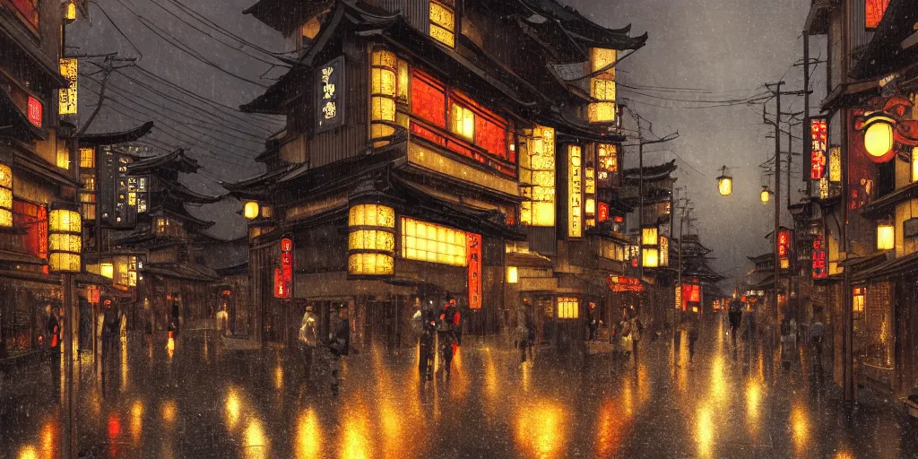 Prompt: feudal japan tokyo street at dusk, raining, detailed reflections, on a postcard, cinematic lighting!!, 4k, trending on artstation, intricate ink illustration, rule of thirds, center focus, art by albert bierstadt