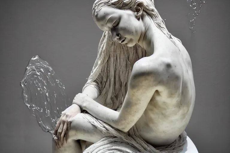 Image similar to a sculpture of a beautiful woman sitting on a chair, a white marble sculpture covered with floating water by nicola samori, behance, neo - expressionism, marble sculpture, apocalypse art, made of mist