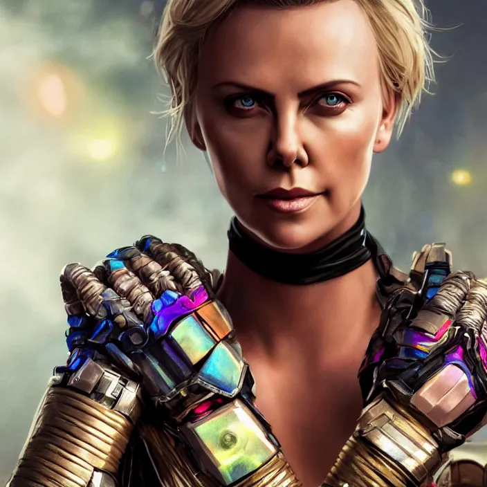 Prompt: portrait of Charlize Theron, wearing The Infinity Gauntlet. intricate artwork. octane render, trending on artstation, very coherent symmetrical artwork. cinematic, hyper realism, high detail, octane render, 8k, iridescent accents