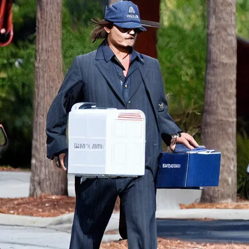 Prompt: johnny depp his as a mailman delivering the mail