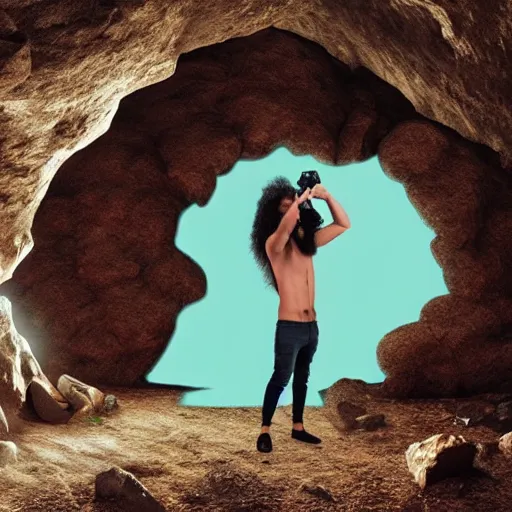 Prompt: a caveman with a vr virtual reality headset in a cave