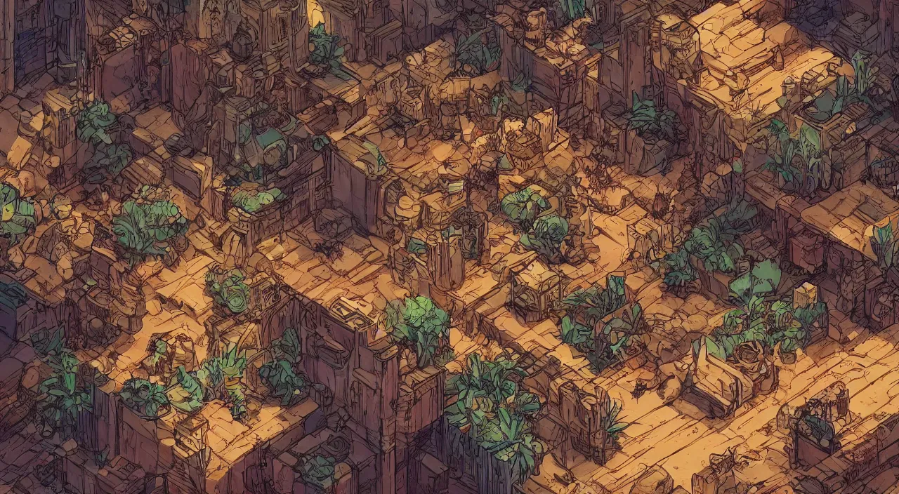 Prompt: arabian marketplace fabric greeble block jungle dirt ground wood wall fortress volume lighting shine shadow that looks like it is from borderlands and by feng zhu and loish and laurie greasley, victo ngai, andreas rocha, john harris