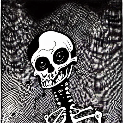 Image similar to black and white trippy comic art of a skeleton as death the grim reaper, lots of particles, drawn by Martin Rowson, salvador dali, Tim Burton, Studio Ghibli, Alex Pardee, Nekro Petros Afshar, James McDermott, cgsociety 4K