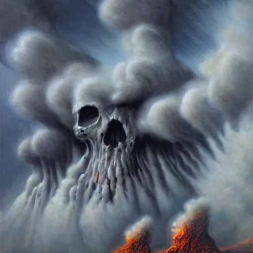 Image similar to an active supervolcano exploding with fire and thick smoke in the shape of a demonic skull by dan seagrave art