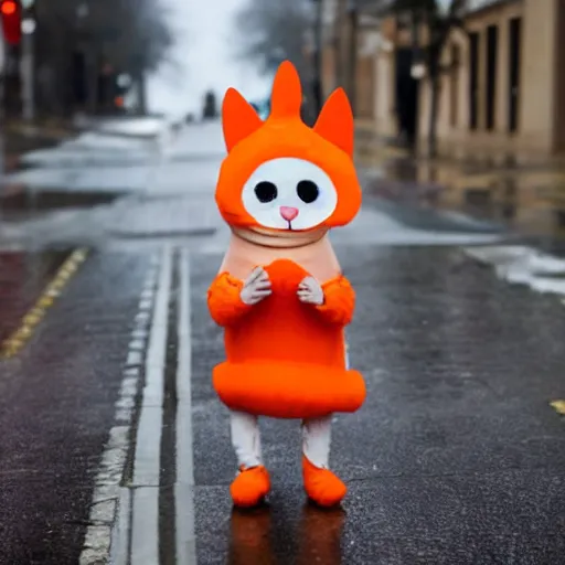 Prompt: a crying cat in the middle of a wet street while wearing a funny carrot costume, android picture