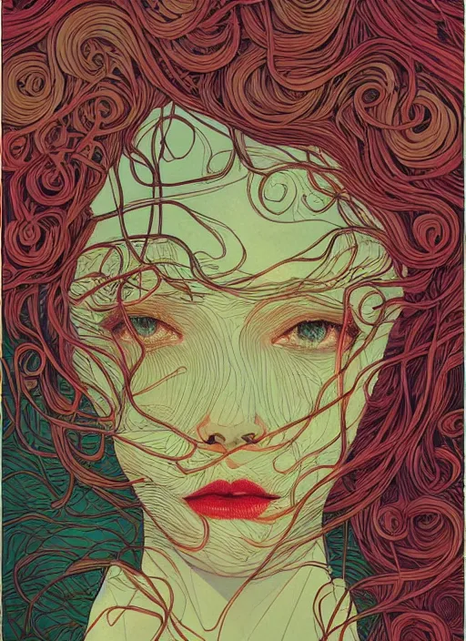 Prompt: beautiful illustration of a face made of ribbons of seaweed, in the style victo ngai and sam guay and abigail larson and james jean, vibrant moody colors, trending on artstation