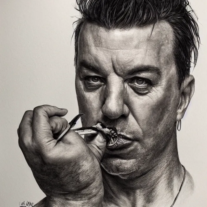 Image similar to portrait of till Lindemann. Detailed pencil drawing. trending on artstation, very coherent symmetrical artwork. He's eating a tomato. He cosplays thanos. cinematic, hyper realism, high detail, iridescent accents