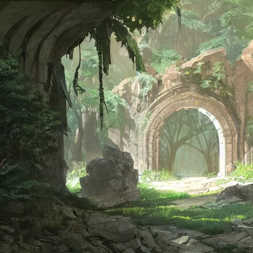 Image similar to concept art painting of an ornate ancient stone archway, in the woods, realistic, detailed, cel shaded, in the style of makoto shinkai and greg rutkowski and james gurney