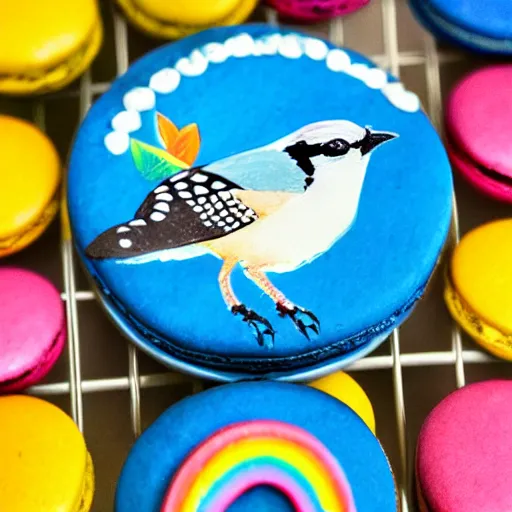 Image similar to A blue jay standing on a large basket of rainbow macarons.