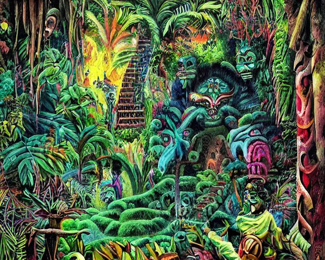 Prompt: surreal colorful nightmarish garden las pozas, mayan jaguar warrior, artwork by ralph bakshi