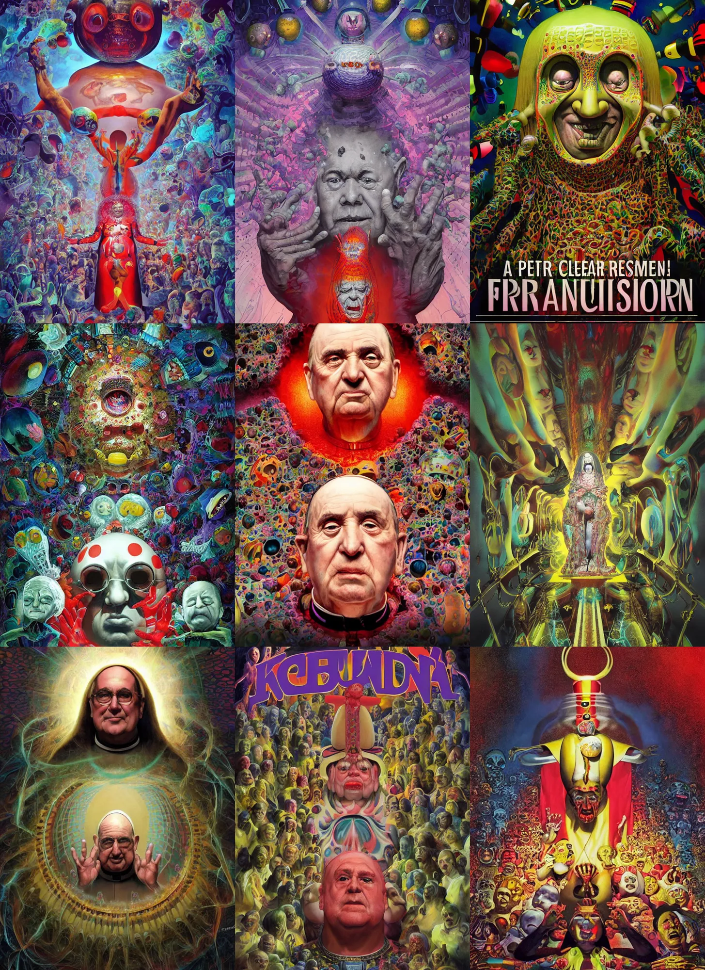 Prompt: a poster artwork by Peter Andrew Jones and Mark Ryden and Al Feldstein, Yayoi Kusama, donde El Papa Francisco es un cientifico, en donde la ciencia es la nueva religion , clean design, iridiscense, Houdini algorithmic generative render, sharp focus, octane render 8k