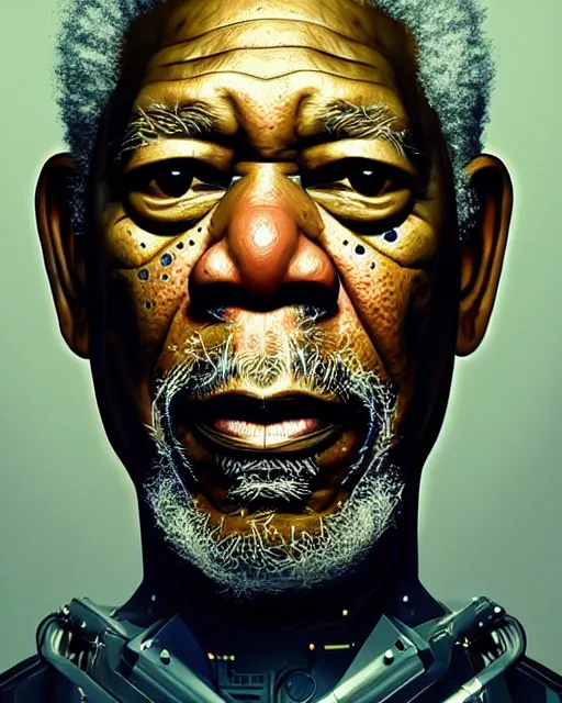 Image similar to portrait of Morgan Freeman as a cyborg. intricate abstract. intricate artwork. by Tooth Wu, wlop, beeple, dan mumford. octane render, trending on artstation, greg rutkowski very coherent symmetrical artwork. cinematic, hyper realism, high detail, octane render, 8k, iridescent accents