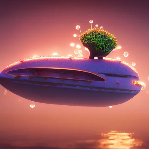 Image similar to tiny wooden submarine, floating, rbc, radiolaria, protophyta, micro - organisms, center frame, symmetric, rim light, marine microbiology, bioluminescence, electric, soft, concept art, intricate details, highly detailed, colorful, photorealistic, disney pixar, octane render, iridescent, anime, 8 k