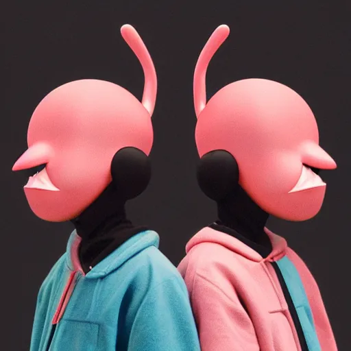 Image similar to bingo bango abstract headpiece on a set of twin ninja hypebeasts, by ilya kuvshinov and james jean and hiroya oku and gilleard james, artstation trending, 8 k, 3 d render, photorealistic, volumetric lighting caustics, pink