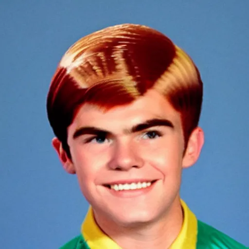 Prompt: a high school senior yearbook photo of Archie Andrews from 1966, in color