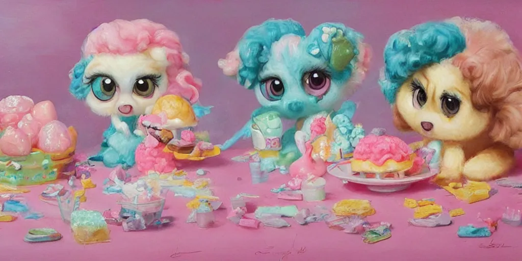 Image similar to bubble gum ice cream made in the shape of 3 d littlest pet shop poodle, realistic, melting, soft painting, forest, desserts, ice cream, glitter, master painter and art style of noel coypel, art of emile eisman - semenowsky, art of edouard bisson