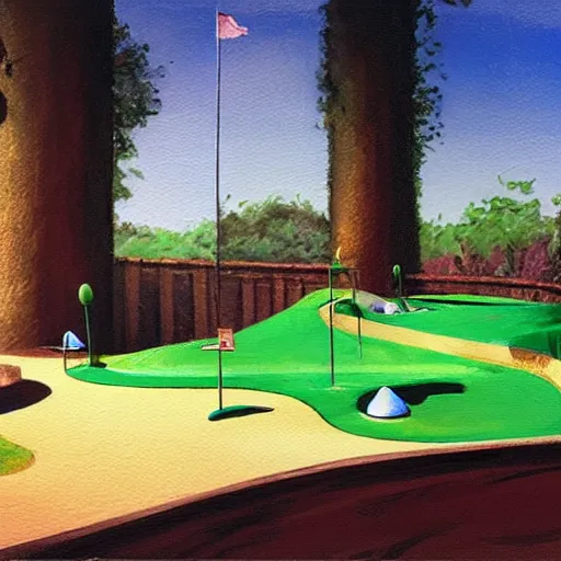 Prompt: mini - golf course in a museum, painting, gouache, james gurney, light, game design, concept art, illustration