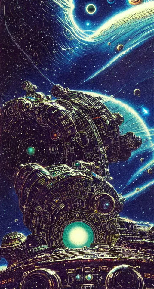 Prompt: a cosmic storm in space, close up, concept art, intricate details, highly detailed, vintage sci - fi poster, in the style of chris foss, rodger dean, moebius, michael whelan, and gustave dore