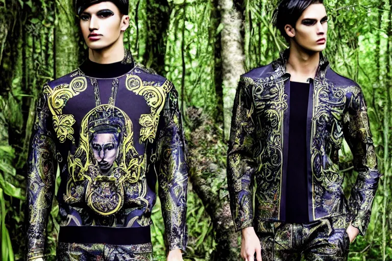 Image similar to versace avant garde male tunics posing in the jungle woods intricate modern choatic textiles streetwear cyberpunk dark cloudy overcast