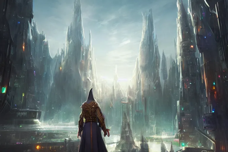 Image similar to a magical wizard standing in a futuristic city by jessica rossier,