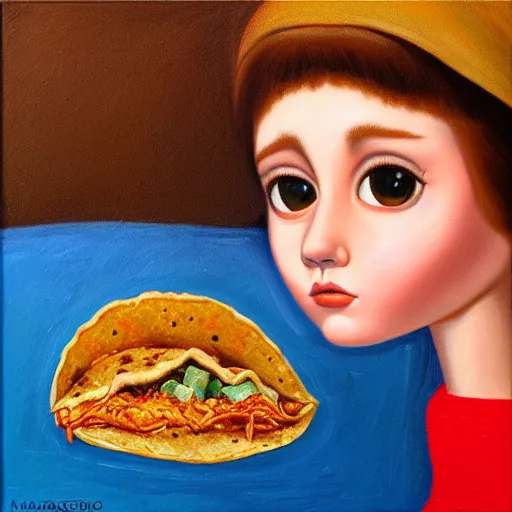 Prompt: orphan girl pondering a taco. oil on canvas painting by margaret keane.