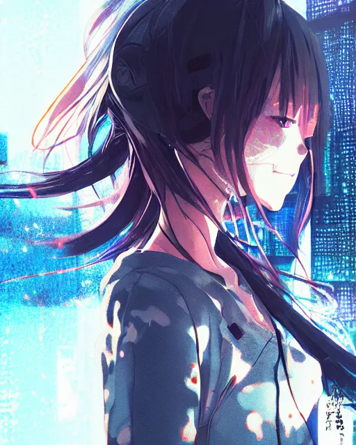 Image similar to kyoto animation, cool girl wearing cyberpunk intricate streetwear, beautiful, detailed portrait, cell shaded, 4 k, concept art, by wlop, ilya kuvshinov, artgerm, krenz cushart, greg rutkowski, pixiv. cinematic dramatic atmosphere, sharp focus, volumetric lighting, cinematic lighting, studio quality