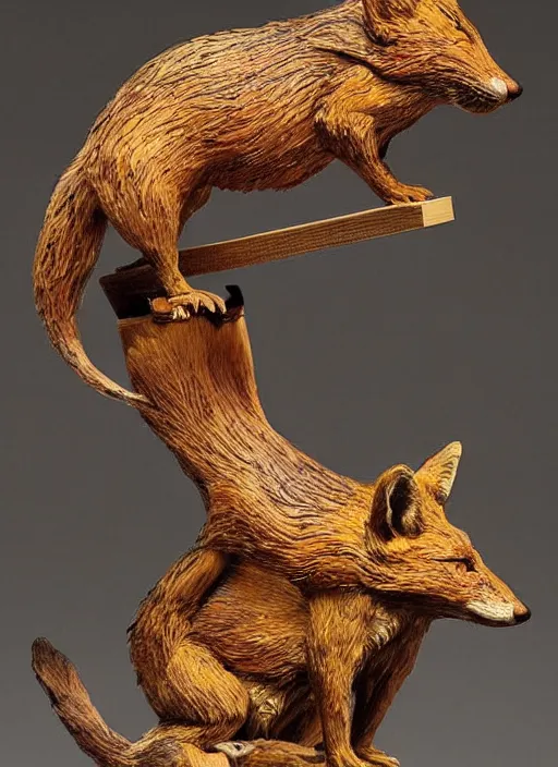 Image similar to sculpture of rat on top of a fox made of wood, portrait, female, future, wood, tree, harper's bazaar, vogue, magazine, insanely detailed and intricate, concept art, close up, ornate, luxury, elite, elegant, trending on artstation, by ruan jia, by Kenneth Willardt, by ross tran, by WLOP, by Andrei Riabovitchev,