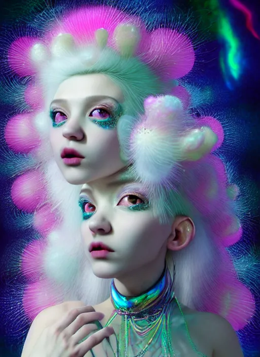 Image similar to hyper detailed 3d render like a Oil painting - kawaii portrait Aurora (white haired Singer Ferret) seen Eating of the Strangling network of yellowcake aerochrome and milky Fruit and Her delicate Hands hold of gossamer polyp blossoms bring iridescent fungal flowers whose spores black the foolish stars by Jacek Yerka, Mariusz Lewandowski, Houdini algorithmic generative render, Abstract brush strokes, Masterpiece, Edward Hopper and James Gilleard, Zdzislaw Beksinski, Mark Ryden, Wolfgang Lettl, hints of Yayoi Kasuma, octane render, 8k