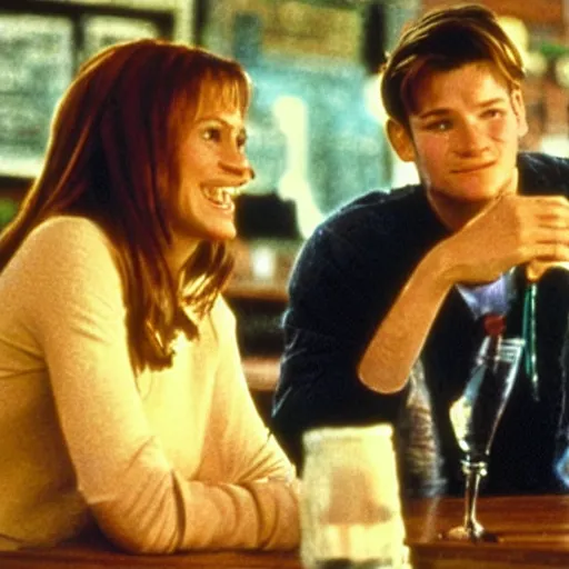 Image similar to Julia Roberts as a student sitting in a college pub, talking to the very handsome blond bartender and eating a big fish, stills photo from the movie Good Will hunting