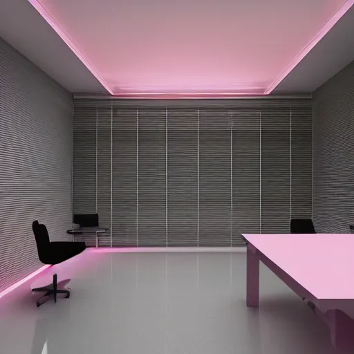 Image similar to a white empty pink office with sun rays looming down, with a pool inside, dynamic lighting, photorealistic concept art, trending on art station, stunning visuals, creative, cinematic, ultra detailed, ray tracing