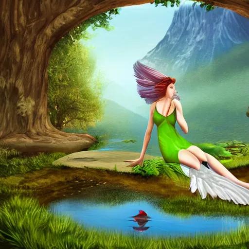 Prompt: prompt mythological harpy, sitting at a pond, mountainous area, trees in the background, digital art