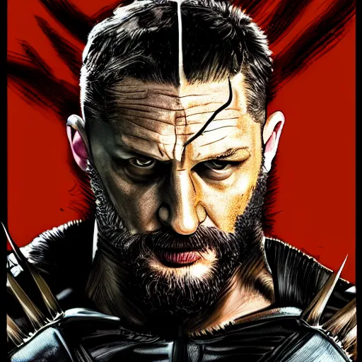 Image similar to Tom Hardy in wolverine suit Digital art 4K quality Photorealism