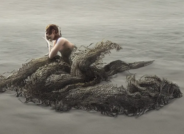 Image similar to a stunning cinematic extreme wide shot of an adorable fearful slick sleek smooth humanoid sea monster wearing clothes made of seaweed on a dark stormy beach, well designed perfect with huge luminous sad eyes, sharp claws, cgsociety, hd octane render, fantasy, furry art, artstation, deviantart, furaffinity, very very clean