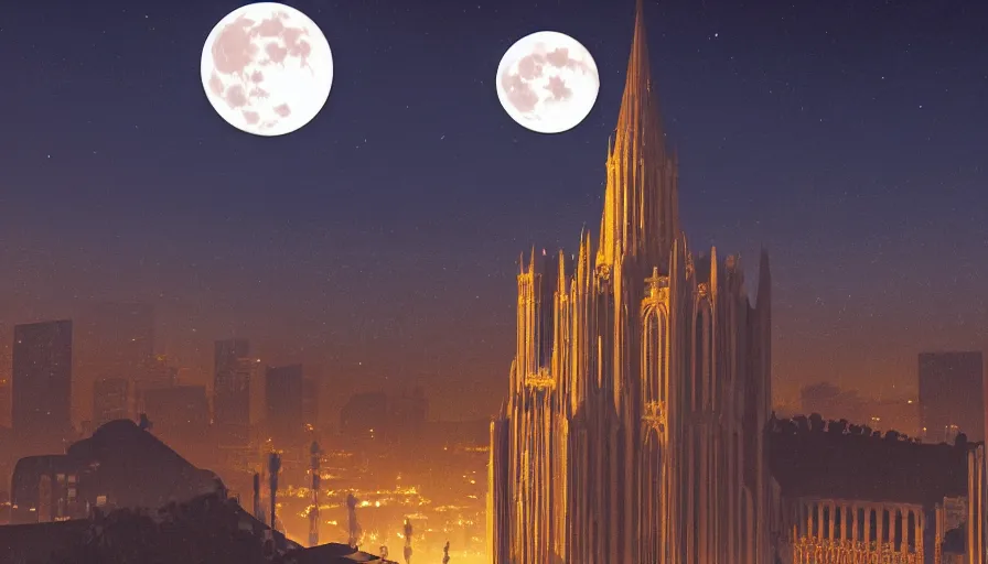 Image similar to Digital painting of Neo-Gothic Los Angeles at night with a big moon, wide angle, volumetric light, hyperdetailed, artstation, cgsociety, 8k