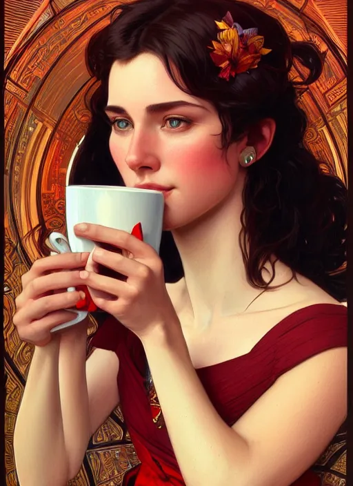 Image similar to perfectly - centered - portrait of a beautiful lady drinking red cup coffee, intricate, highly detailed, digital painting, artstation, concept art, smooth, sharp focus, illustration, unreal engine 5, 8 k, art by artgerm and greg rutkowski and alphonse mucha