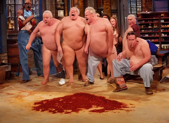 Image similar to jerry springer tv show a man yelling at a pile of nasty chili spilled on the floor, chunky sloppy fat men no shirts slipping in chili on the floor, wet, studio, extremely detailed, portraits, 4 k, hd