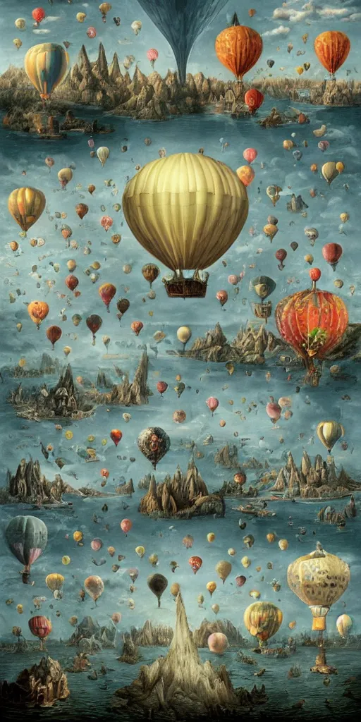 Prompt: a beautiful and insanely detailed matte painting of a magical giant hot air balloons with incredible surreal architecture designed by Heironymous Bosch, mega structures inspired by Heironymous Bosch's Garden of Earthly Delights, creatures of the air and sea inspired by Heironymous Bosch's Garden of Earthly Delights, ships in the harbor inspired by Heironymous Bosch's Garden of Earthly Delights, vast surreal landscape and horizon by Jim Burns, rich pastel color palette, masterpiece!!, grand!, imaginative!!!, whimsical!!, epic scale, intricate details, sense of awe, elite, fantasy realism, complex layered composition!!