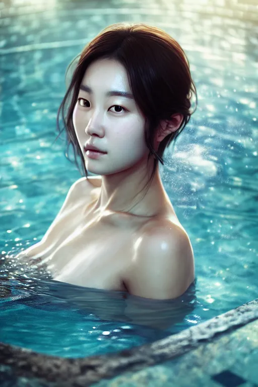 Image similar to beautiful half body portrait of hoyeon jung, face emerging from pool of water with high detail, 8 k, stunning detail, photo by artgerm, greg rutkowski and alphonse mucha, unreal engine 5, 4 k uhd