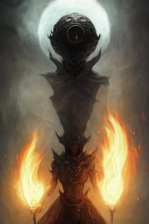 Image similar to Black Orb of Fire, digital art, fantasy, magic, trending on artstation, illustration by Seb McKinnon and Peter Mohrbacher, ultra detailed, atmospheric, powerful presence, bossfight, darksouls, grand finale, explosive entrance, final battle, cutscene, cinematic lighting, beautiful goddess, unleashing the power of the flame