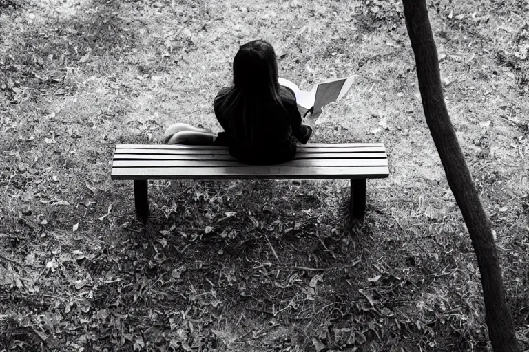 Image similar to A photograph of a woman reading a book while sitting on a bench in a clearing, next to another bench, looking down from above, black and white photo.ISO200,F4.5,80mm,1/30,Nikon D3.