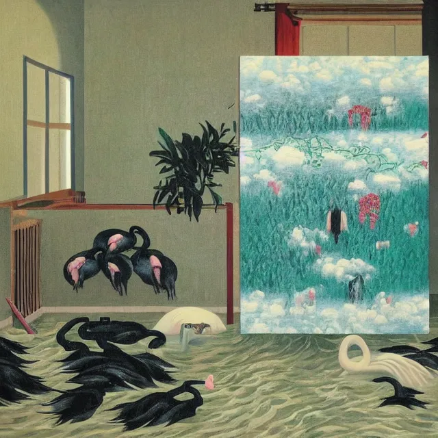 Prompt: painting of flood waters inside an apartment, taps with running water, tall female emo art student, a river flooding inside, tangelos, zen, pigs, ikebana, water, river, rapids, waterfall, black swans, canoe, pomegranate, berries dripping, acrylic on canvas, surrealist, by magritte and monet