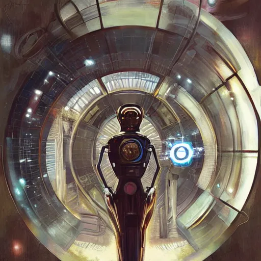 Image similar to detailed face of a synthetic sentient super - intelligent humanoid with nixie tube eyes warming up, warm space, rammed earth courtyard, cool skydome, fresh atmosphere, syd mead, livia prima, artgerm, greg rutkowski, pj crook, nick alm, casey baugh