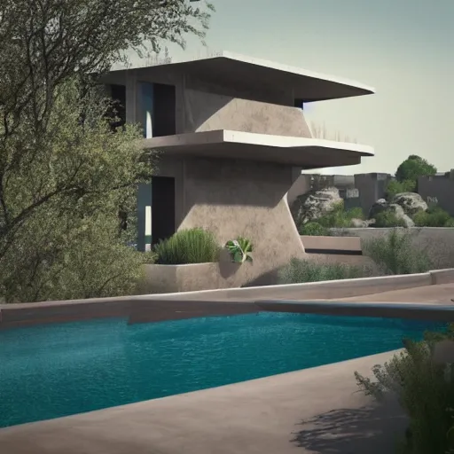 Image similar to architectural rendering of brutalism habitat 6 7 in the desert, biophilia style, pool, garden