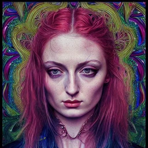 Image similar to portrait of sophie turner, hyper detailed masterpiece, neon floral pattern, jean giraud, digital art painting, darkwave goth aesthetic, psychedelic, artgerm, donato giancola and tom bagshaw