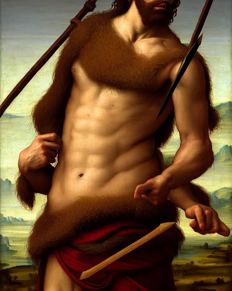 Image similar to renaissance painting full body portrait of a gruff ranger with a spear, lean and toned, handsome face, hairy chest and hairy body, D&D, intricate, elegant, highly detailed, digital painting, artstation, concept art, matte, sharp focus, chiaroscuro, well list, illustration, art by da Vinci, Artgerm and Greg Rutkowski and Alphonse Mucha