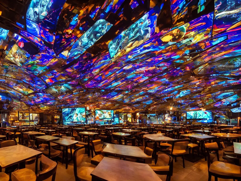 Image similar to screens with curved translucent screens projecting detailed sci - fi art, pixel perfect photograph, high contrast, volumetric lighting, thin glowing lights, restaurant, chairs, users, pair of keys